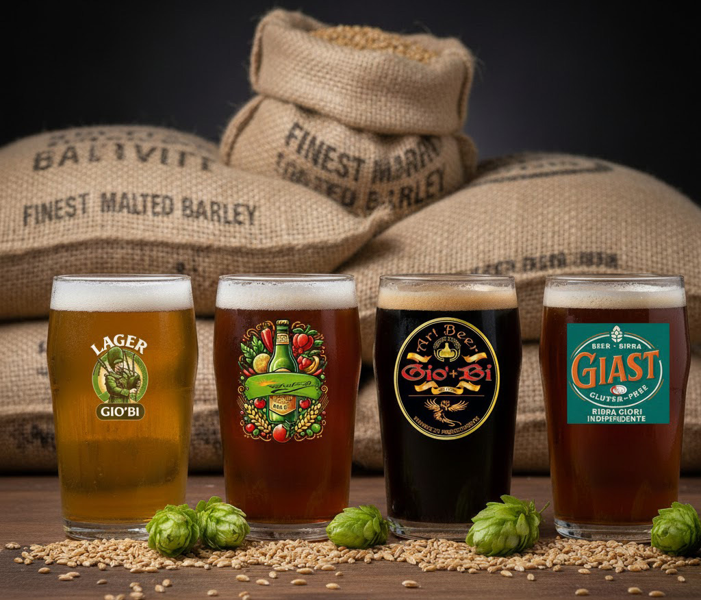 Ingredienti naturali per la birra: luppolo, malto d’orzo e spezie su un tavolo