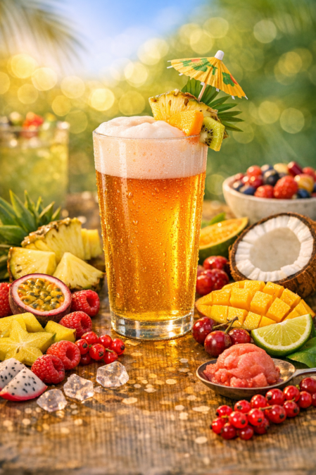 Bottiglia e bicchiere di birra artigianale Fruitbi su fondo neutro