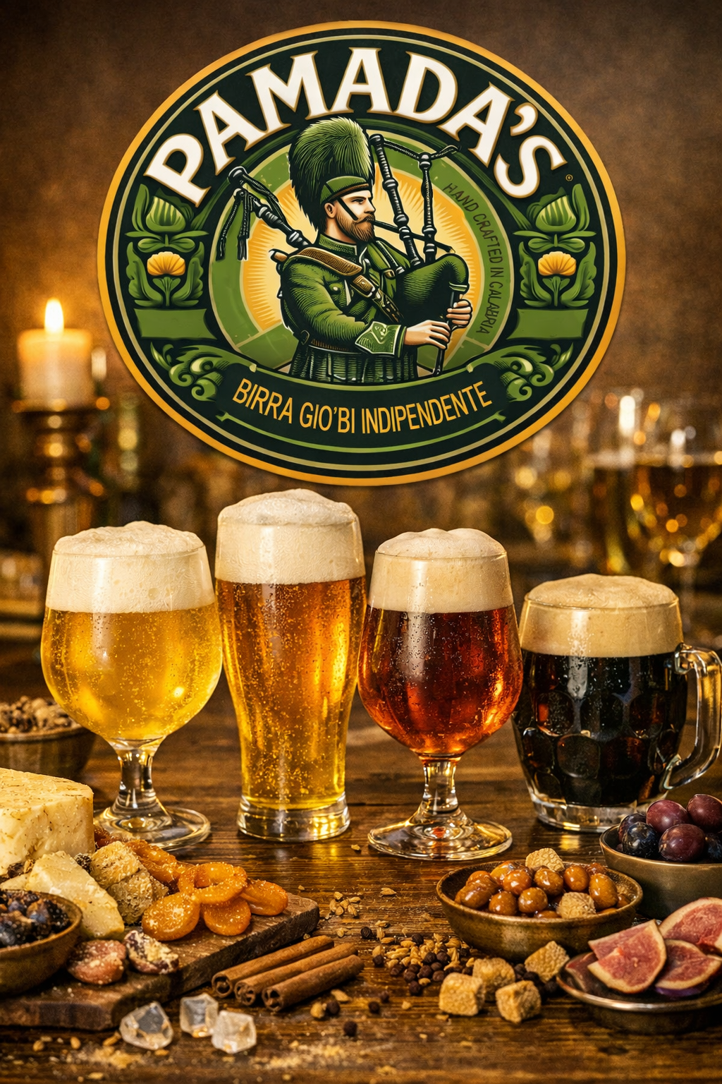 Bicchiere di birra ambrata illuminato da luce calda