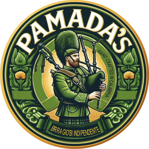 Bottiglia e bicchiere di birra ambrata Pamada's